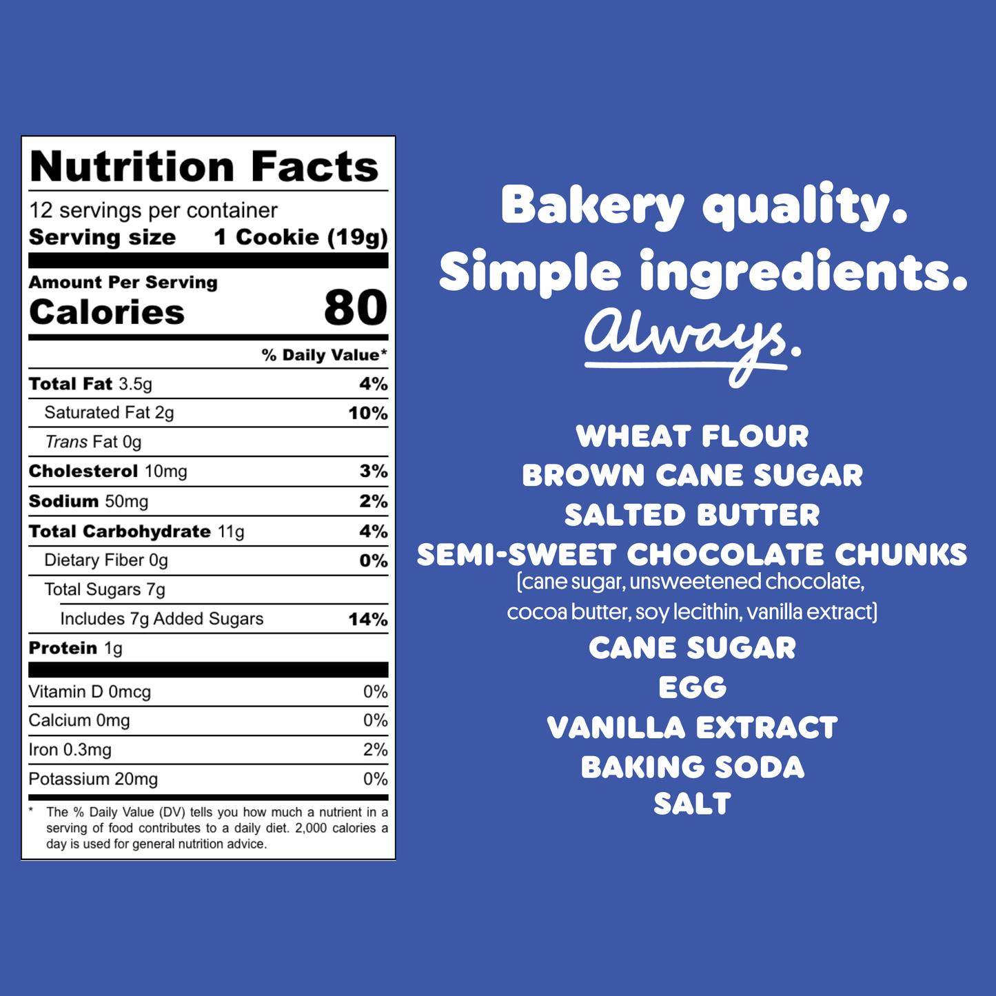 Bakr Brown Butter chocolate chunk Nutrition facts label and ingredient list on a blue background
