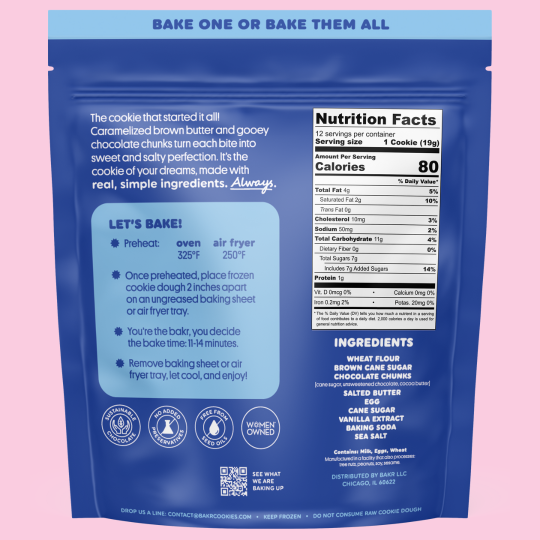 Back of Bakr Brown Butter Chocolate Chunk Cookie Dough bag