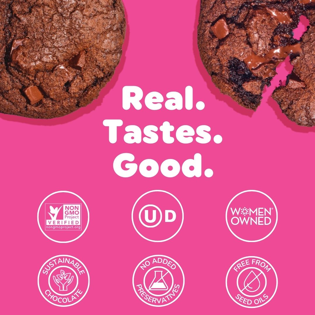 Bakr Fudge Brownie cookies with 'Real. Tastes. Good.' text and certification icons on a pink background