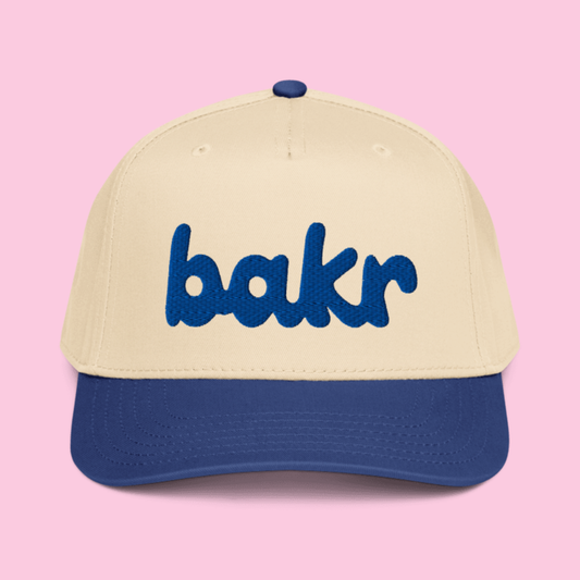 Blue and Beige hat with blue Bakr logo