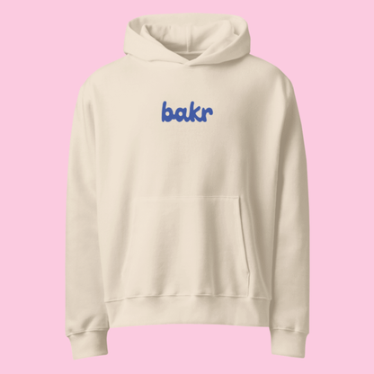 Beige Hoodie with blue Bakr logo