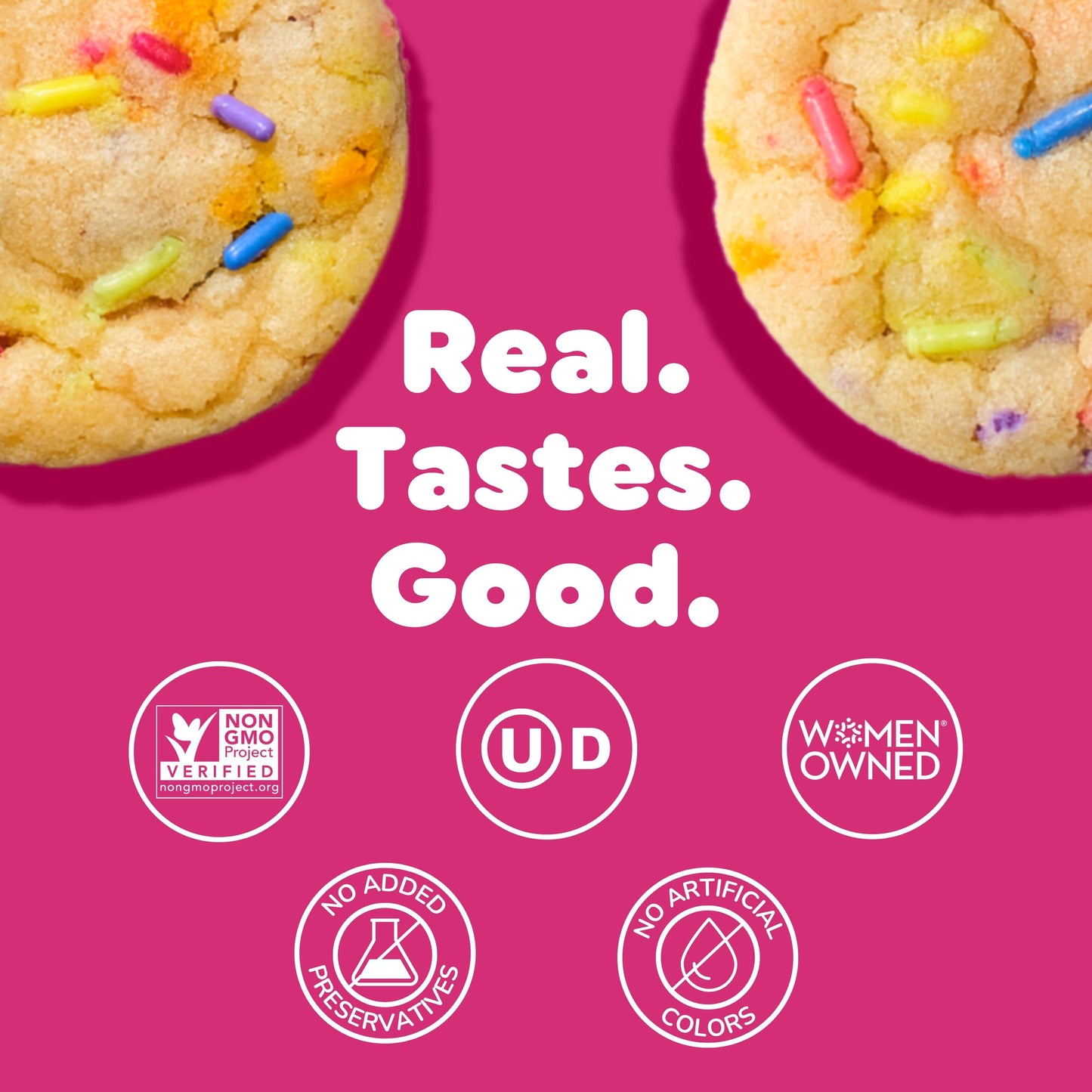 Bakr Mini Birthday Cake cookies with 'Real. Tastes. Good.' text and certification icons on a pink background