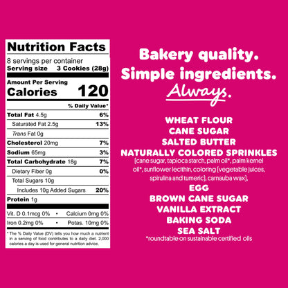 Bakr Mini Birthday Cake Cookie Dough Nutrition Facts and Ingredient List on a pink background