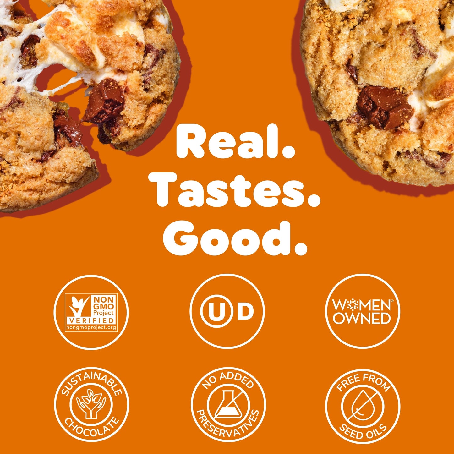 Bakr Smores cookies with 'Real. Tastes. Good.' text and certifications on orange background
