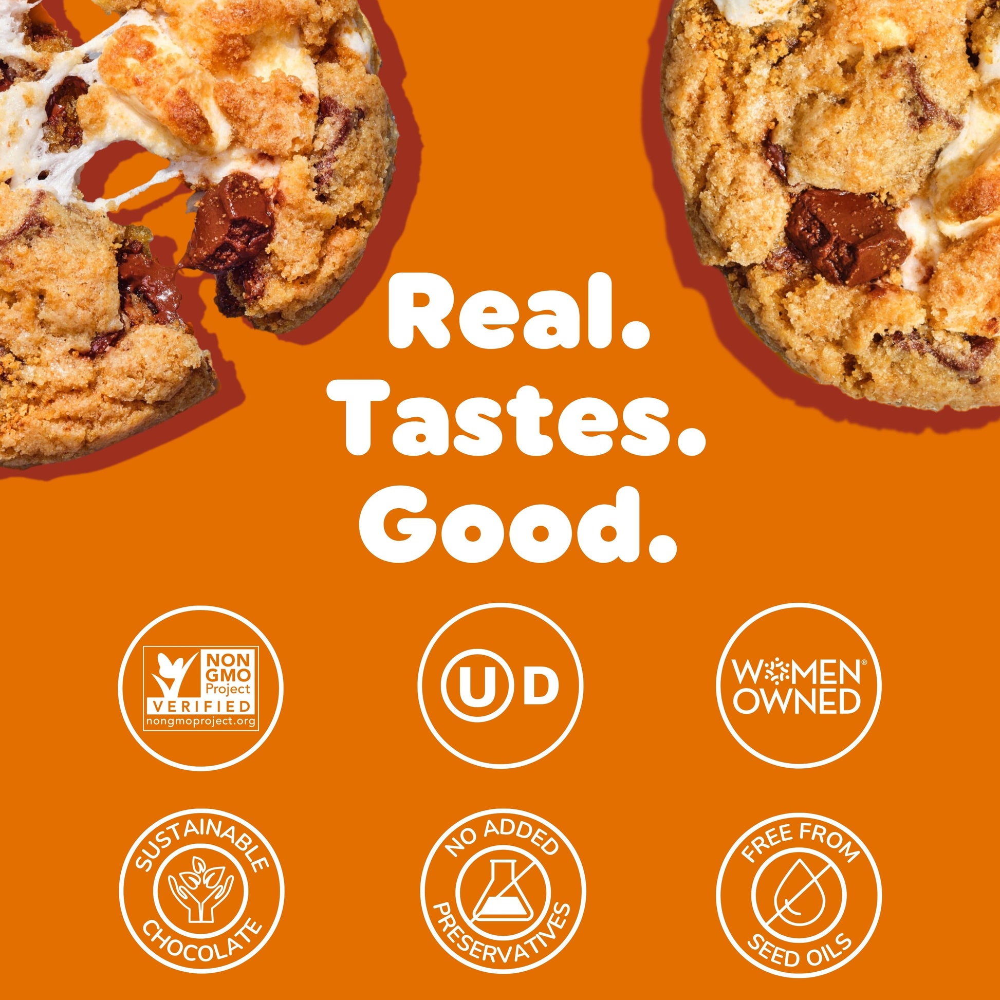 Bakr Smores cookies with 'Real. Tastes. Good.' text and certifications on orange background
