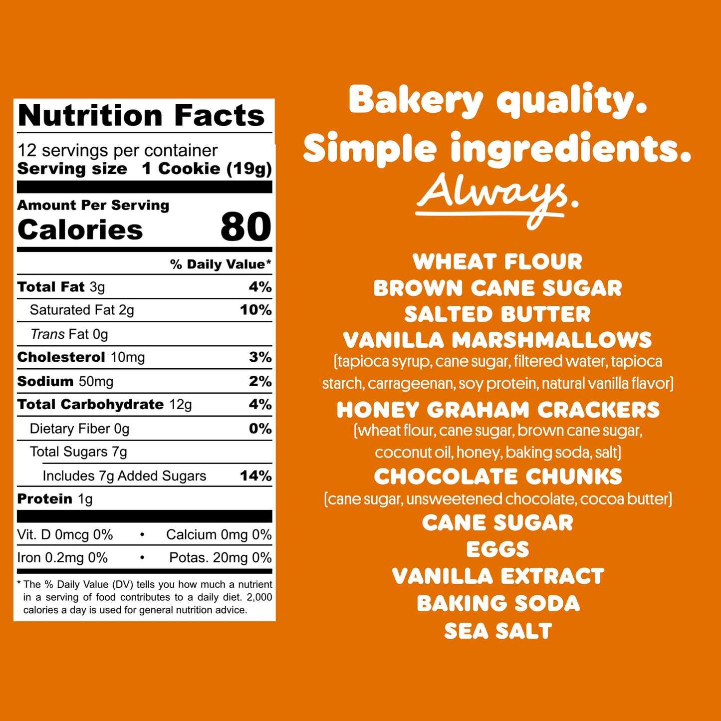 Bakr Smores nutrition facts label and ingredient list on orange background