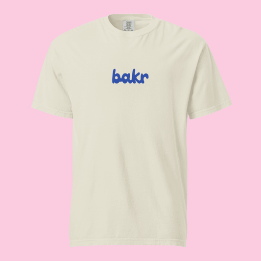 Beige T Shirt with blue Bakr logo